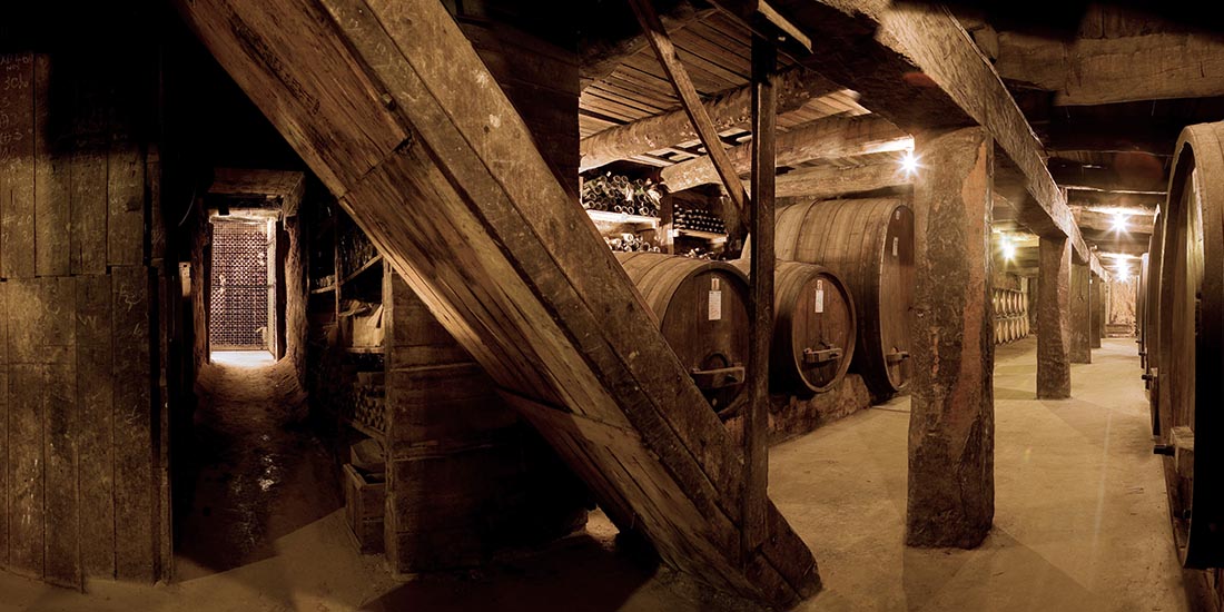 Wine barrels in undeground wine cellar. 